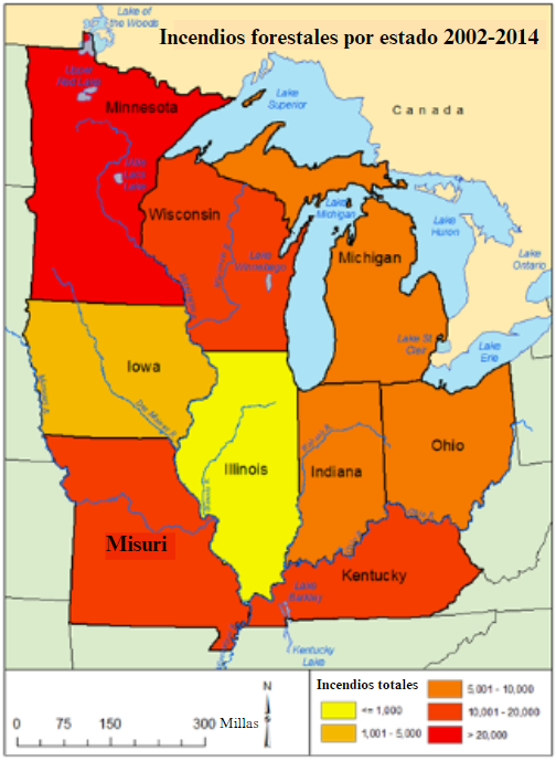 Total number of fires by state in the Midwest