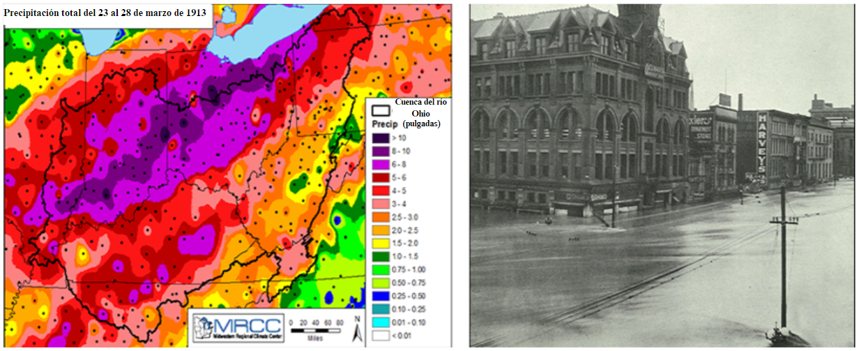 1913 precipitation map and flooding in Dayton, Ohio