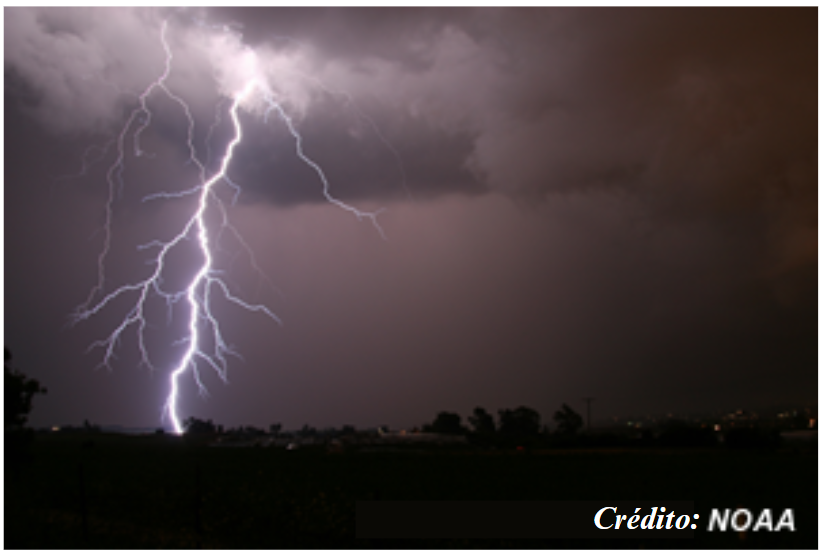 Lightning strike over a town (NOAA)