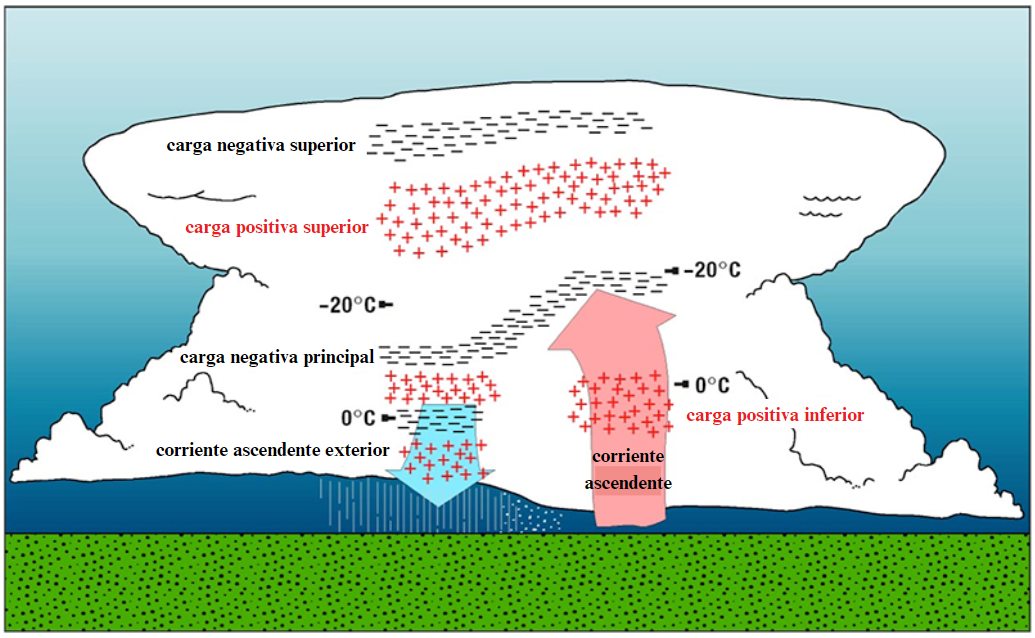 Schematic of how electrical charges are typically distributed in a thunderstorm