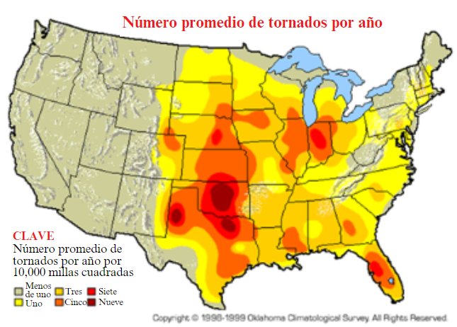 Average number of tornadoes per year per 10,000 square miles