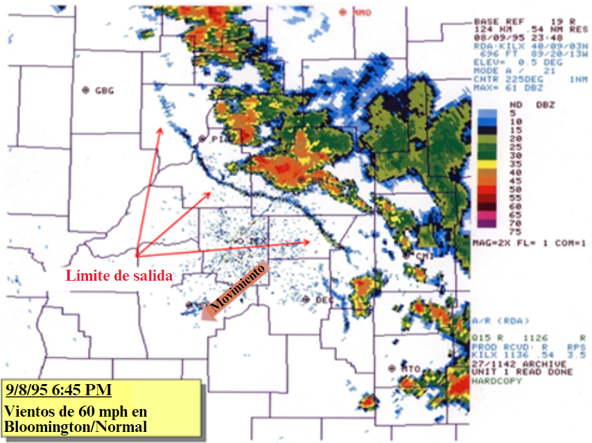 Radar image of thunderstorms generated by an outflow boundary.