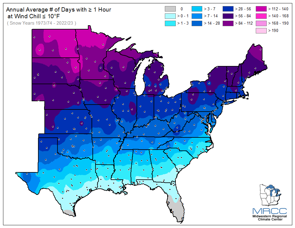 Average Number of Days Wind Chill was less than or equal to 10 degrees