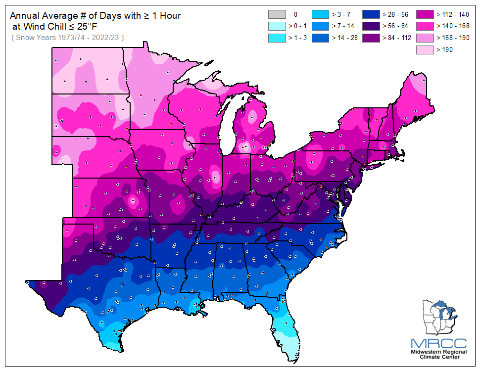 Average Number of Days Wind Chill was less than or equal to 25 degrees