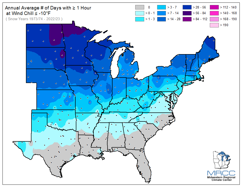 Average Number of Days Wind Chill was less than or equal to -10 degrees