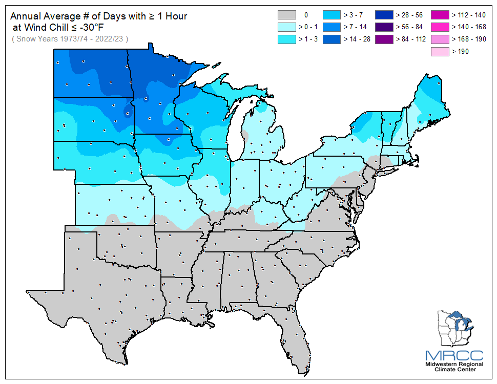 Average Number of Days Wind Chill was less than or equal to -30 degrees