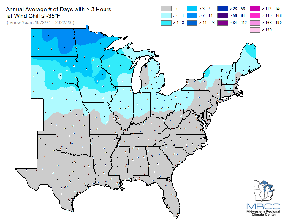 Average Number of Days Wind Chill was less than or equal to -35 degrees for 3 or more hours