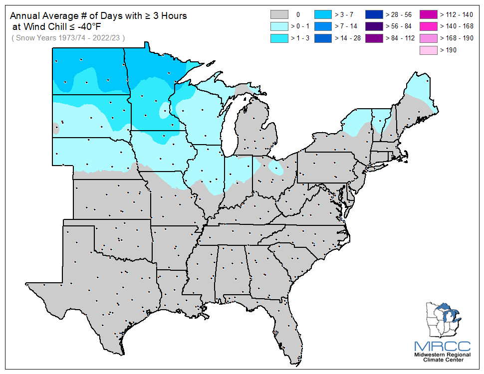 Average Number of Days Wind Chill was less than or equal to -40 degrees for 3 or more hours