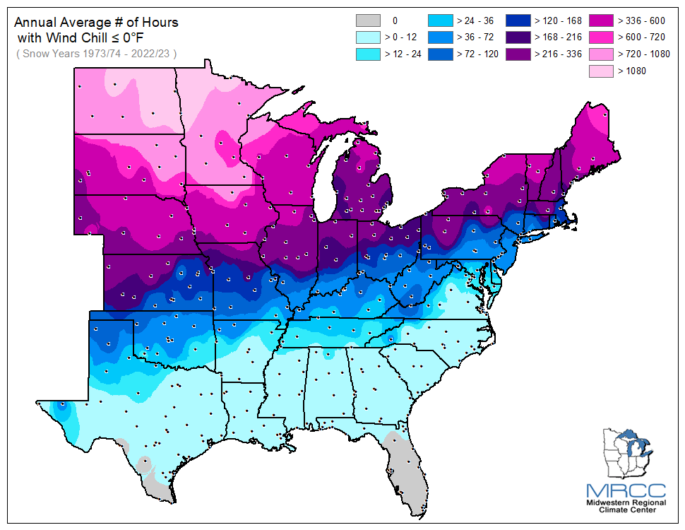 Average Number of Hours Wind Chill was less than or equal to 0 degrees