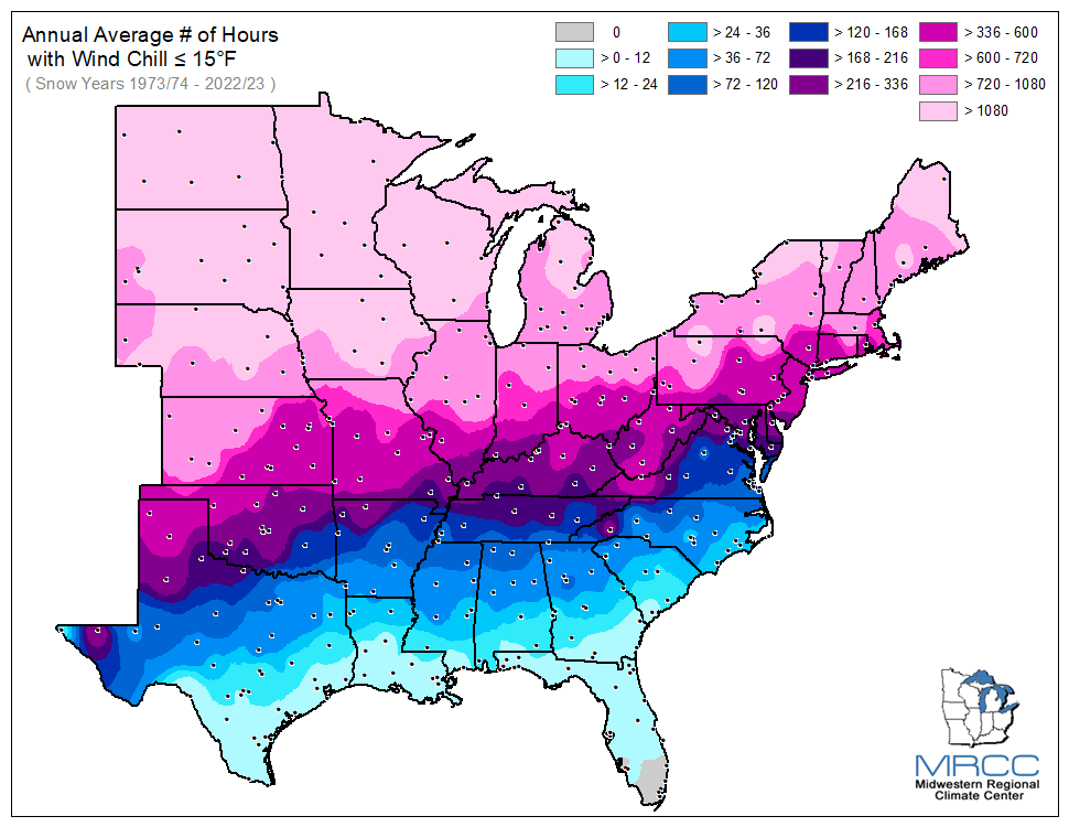 Average Number of Hours Wind Chill was less than or equal to 15 degrees