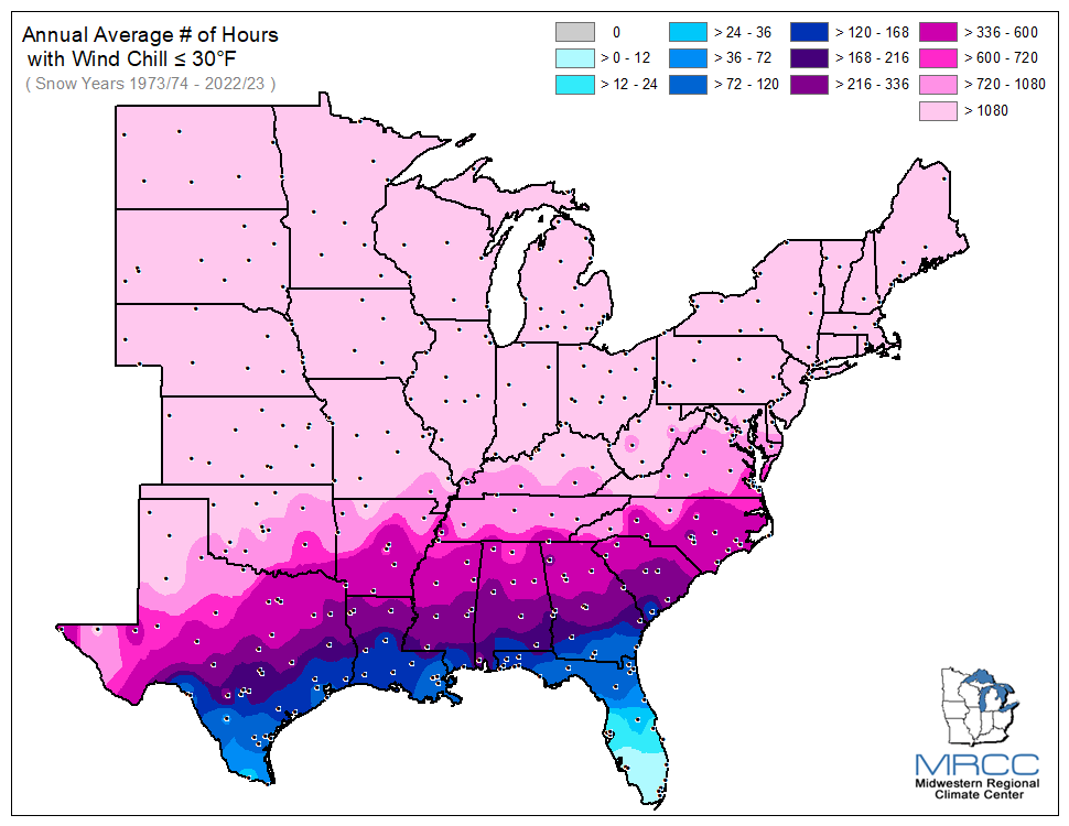 Average Number of Hours Wind Chill was less than or equal to 30 degrees