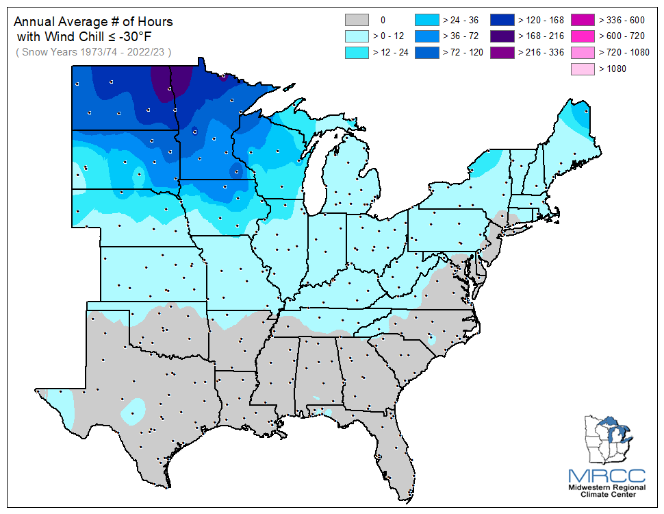 Average Number of Hours Wind Chill was less than or equal to -30 degrees