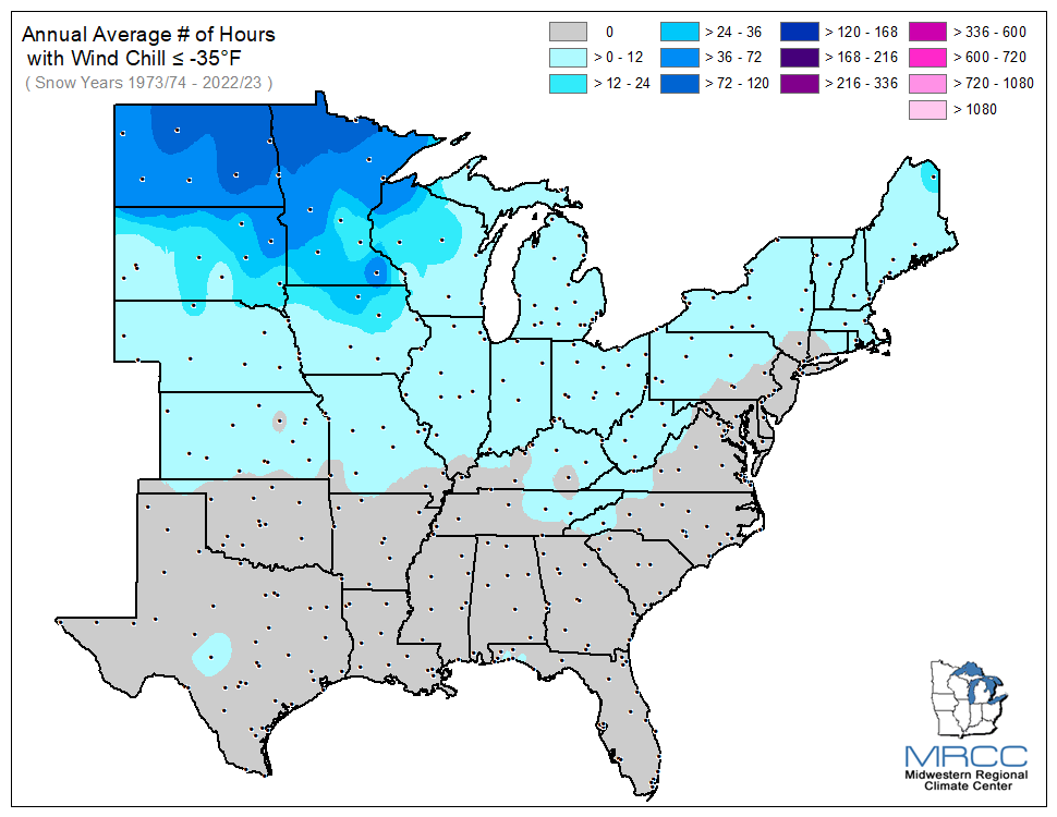 Average Number of Hours Wind Chill was less than or equal to -35 degrees