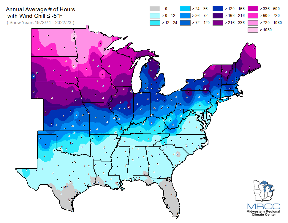 Average Number of Hours Wind Chill was less than or equal to -5 degrees