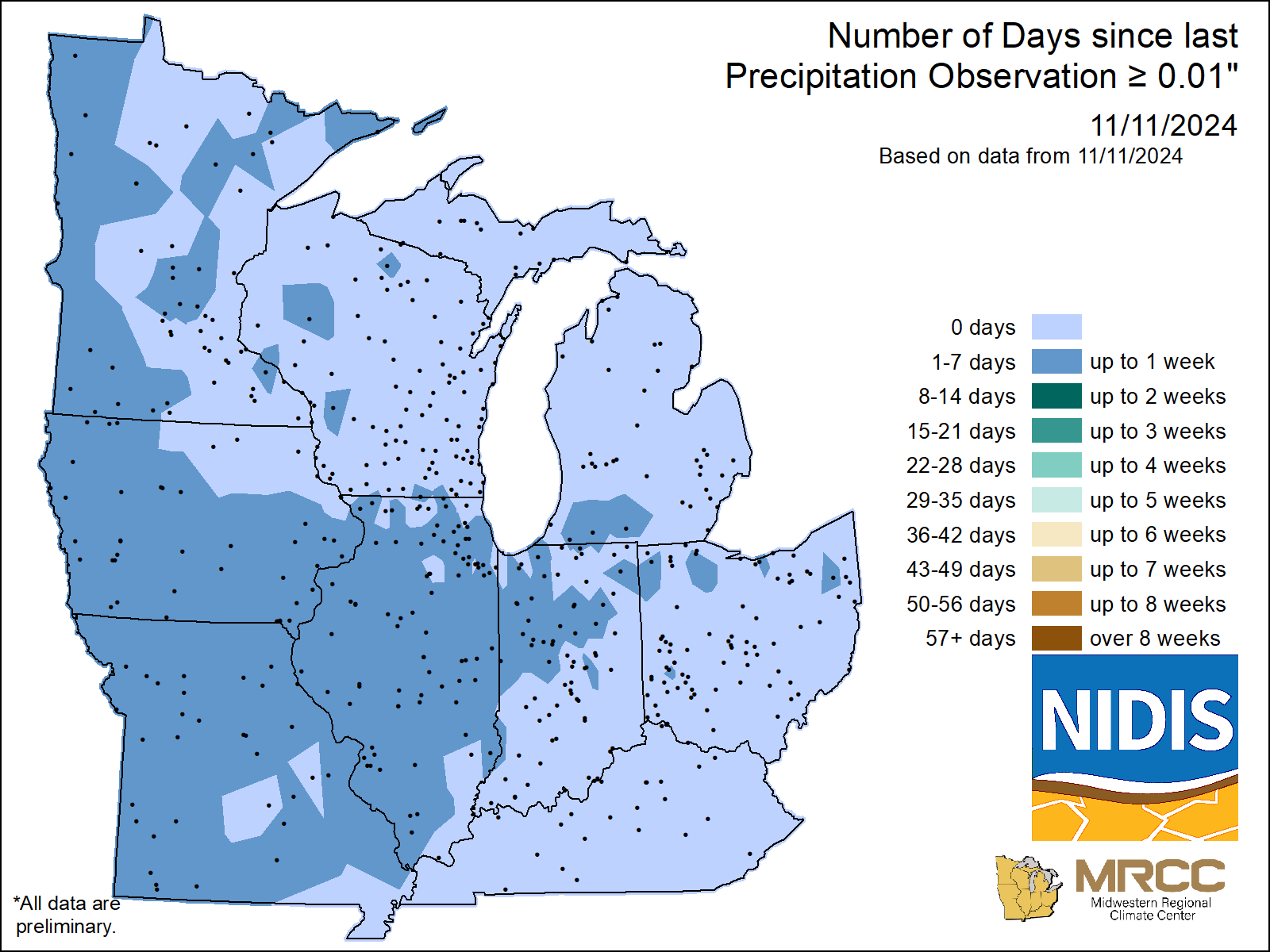 map Number of Days without precipitation greater or equal to 0.01 
     inch