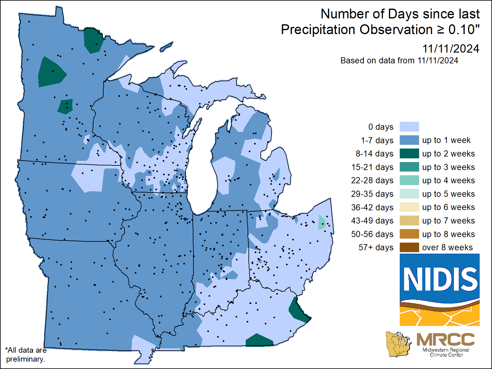 map Number of Days without precipitation greater or equal to 0.10 
     inch