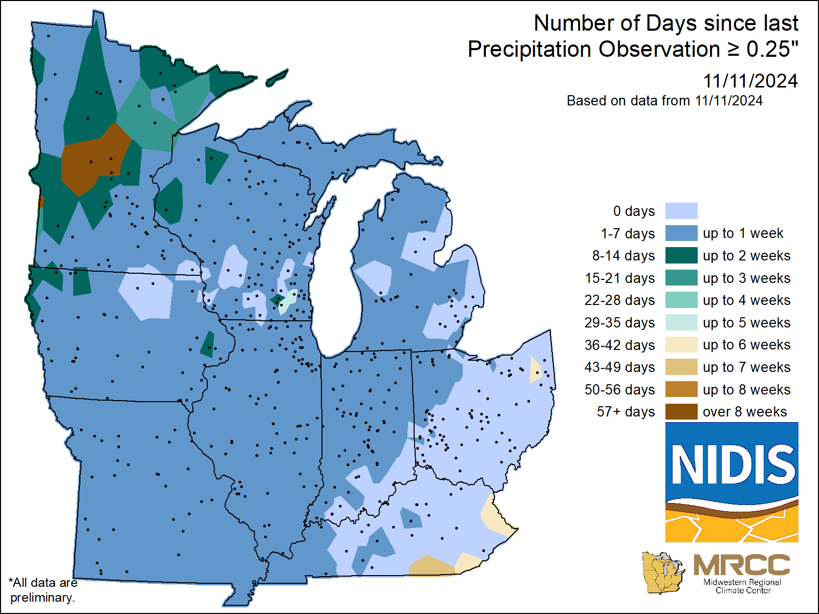 map Number of Days without precipitation greater or equal to 0.25 
     inch