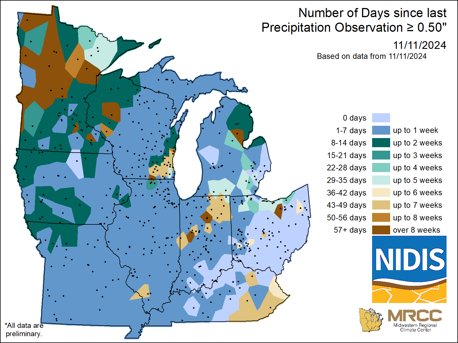 map Number of Days without precipitation greater or equal to 0.50 
     inch