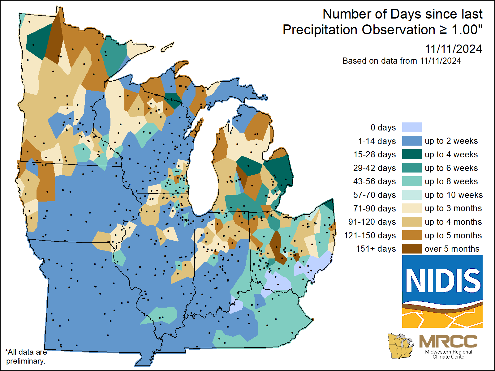 map Number of Days without precipitation greater or equal to 1.00 
     inch