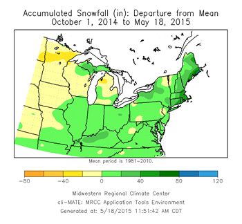 Accumulated snowfall departure 10/1/2014-5/18/2015