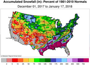 map of Dec-Jan Snowfall Departure from Normal