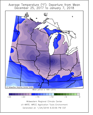 Temp departure map for Dec 25, 2017 to Jan 7, 2018