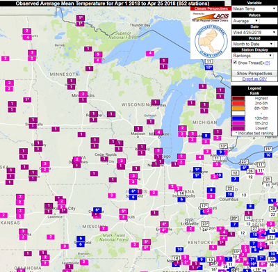 Thumbnail of rankings of Midwest observed average mean temperatures for April 1-April25, 2018