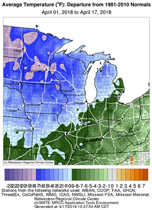 Average Temperature Departure from normal for April 1 to April 17, 2018