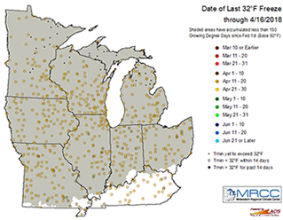 Date of last freeze through 4/16/2018 showing almost all of the Midwest has had a recent 32 degree freeze as of 4/16/2018