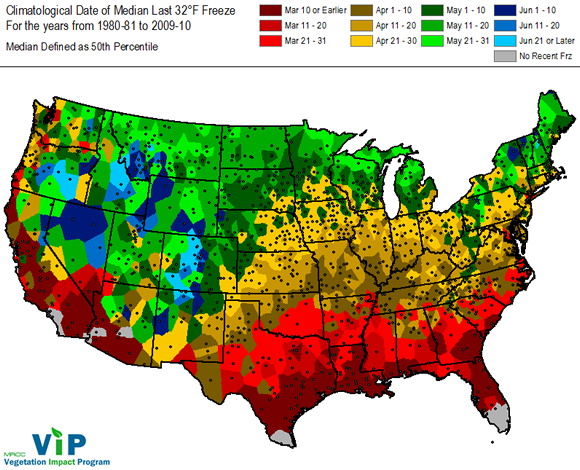 Climatological date of medial last 32 degree freeze for the years 1980-2010 season showing most of the Midwest has a last freeze in April, with the northernmost parts having a last freeze in May