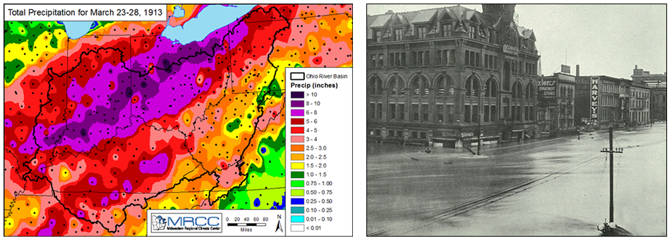 1913 precipitation map and flooding in Dayton, Ohio