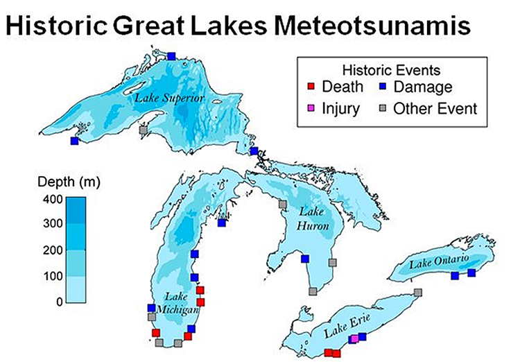 Impacts of historic meteotsunamis on the Great Lakes graphic