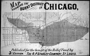 Map of Chicago with burned region from the great Chicago Fire in dark grey