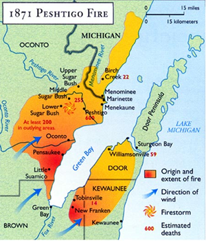 Map of Chicago with burned region from the great Chicago Fire in dark grey